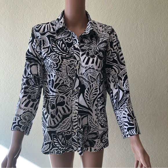 Lauren Ralph Lauren Women’s Black/White Floral Blouse Size L Button-Up Collared - Picture 1 of 16